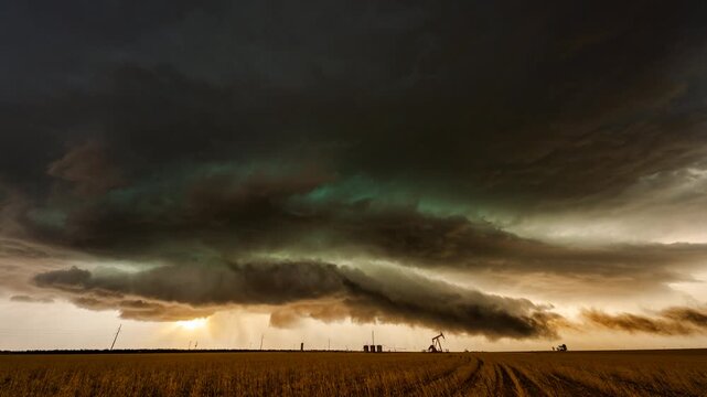 Dramatic storm clouds forming wave like patterns across a dark sky with intense weather motion 