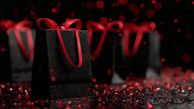 352Black shopping bags elegantly arranged on a dark surface, vibrant red ribbons and scattered confetti surrounding them, subtle spotlight highlighting glossy bag surfaces, festive pr