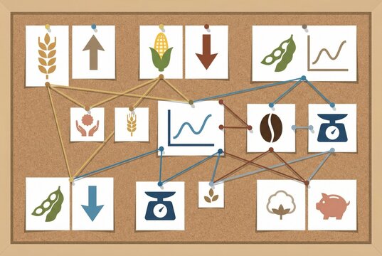 Visual representation of agricultural trends showing growth patterns connections among crops with graphs and symbols illustrating economic impacts on farming sustainability