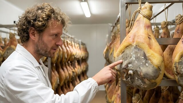 Man inspecting cured ham in a professional meat storage room