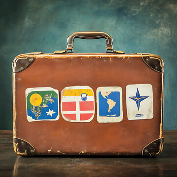 Vintage brown leather suitcase with travel stickers on dark background