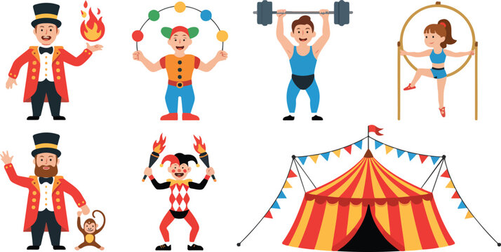 Circus Performers Vector Set &ndash; Clown, Strongman, Magician, and Acrobat Characters
