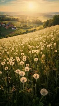 Dandelion Field on Hillside at Sunset
