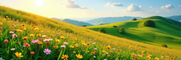 Fototapeta premium Rolling hills, carpet of wildflowers, sunlit scene , rolling hills, buttercup, petal
