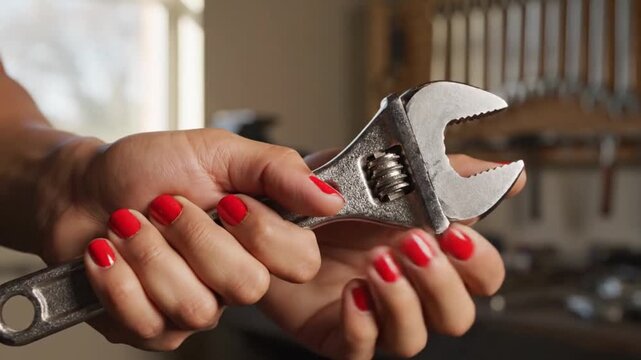 Close-up, side view of hands with neat red manicure holding a wrench