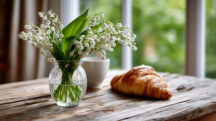 Close-up of a rustic wooden table with a glass vase of Lily of the Valley and a fresh croissant, May Day morning in France, soft diffused light through a window, with copy space