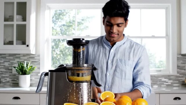 A young man squeezes orange juice using a juicer in a cozy, bright kitchen