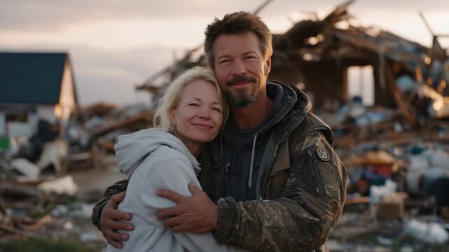 393Middle-aged Caucasian man and blond woman holding each other, ruined house and scattered household items in background, soft warm light through broken roof, focus on emotional conn