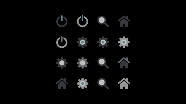 Set of 16 simple gray icons on a black background for a user interface power, search, settings, and home buttons