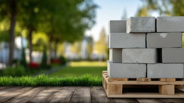395Stack of gray concrete blocks neatly arranged on a wooden pallet, bright green lawn underneath, blurred trees in the background, sunlight casting soft shadows, construction and hom