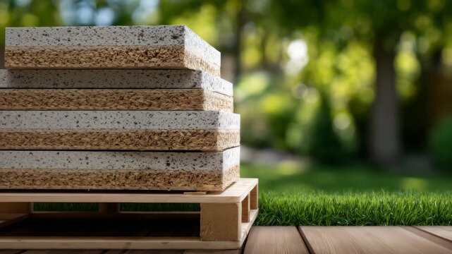 399Pile of particle boards and concrete blocks on a wooden pallet, vibrant green lawn surrounding them, soft sunlight filtering through trees, blurred background emphasizes materials,