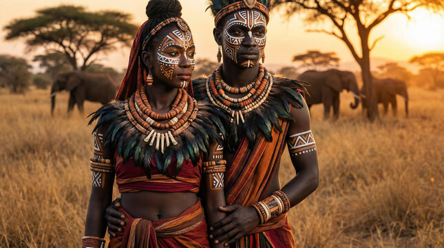 Traditional African Couple in Tribal Attire and Body Paint on Savanna with Elephants