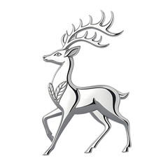 Silver Deer Sculpture with Antlers, Majestic Animal, Isolated Metallic Art