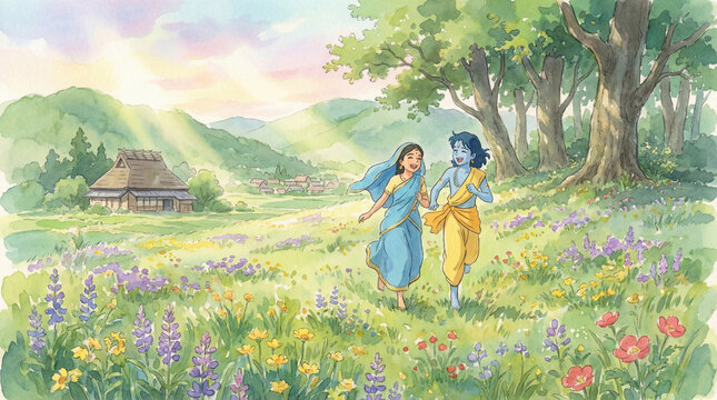 Happy Radha Krishna: Cartoon Kids Running in a Flowery Countryside with a Village
