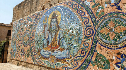 Obraz premium Vibrant Mosaic Art Mural of Lord Shiva Meditating on an Ancient Stone Wall
