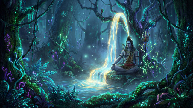 Lord Shiva Meditating Under a Magical Glowing Waterfall in an Enchanted Forest