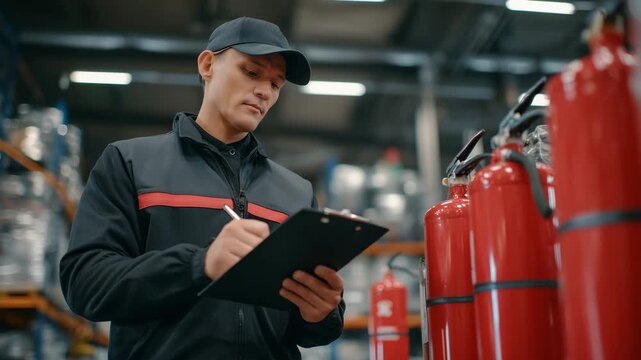 417Close-up of a man checking a fire safety checklist beside a row of red fire extinguishers, industrial warehouse environment, fluorescent light reflecting off metal surfaces, profes