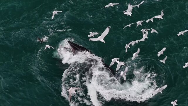 Aerial drone footage of a humpback whale performing a surface lunge feed in Loch Ainort, Isle of Skye
