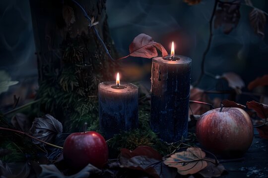 Samhain pagan festival, dark candles, autumn leaves, apples, moss, moody forest background 