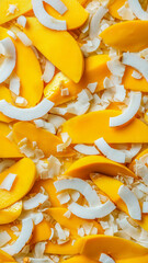 Slices of ripe mango and fresh coconut chunks top view background