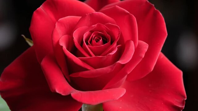 Macro time-lapse shot of a magnificent red rose flower slowly opening on a dark background.