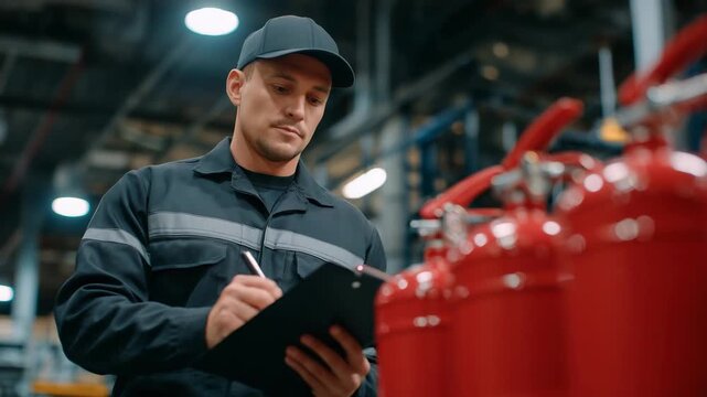 433Man in industrial uniform checking fire safety checklist, row of red fire extinguishers in focus, warehouse environment softly blurred, soft overhead lighting, cinematic workplace