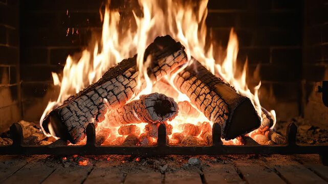 Burning logs in a fireplace