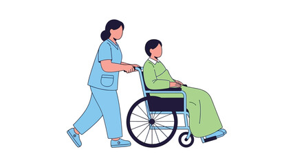 Fototapeta premium Nurse pushing elderly patient in wheelchair through hospital corridor, providing care and support.
