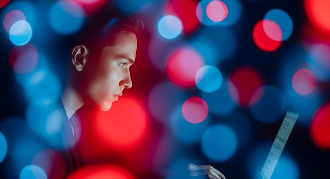 Global communication and high speed fiber optics. Telecommunications and server network. Young man using a laptop surrounded by vibrant blue and red blurred light orbs and bokeh