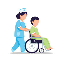 Nurse pushing a disabled boy in a wheelchair indoors with care and assistance.