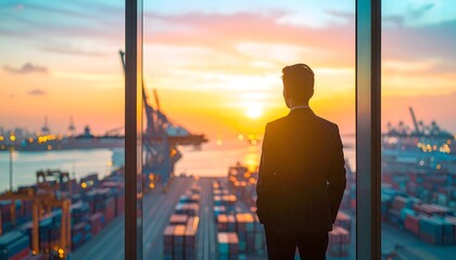 Fototapeta premium Silhouette of Business Professional Watching Industrial Cargo Port Activity at Sunset with Copy Space
