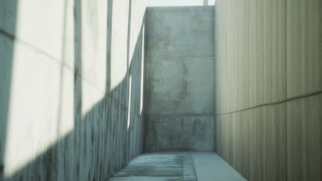 Rough concrete wall textured surface illuminated by intense sunlight, creating stark diagonal shadows and highlights in an empty, modern architectural space