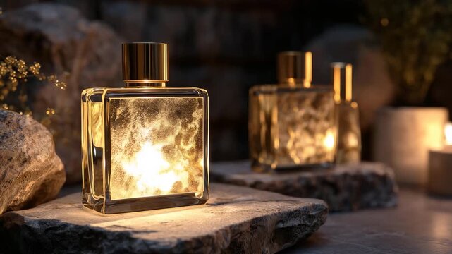446Men&rsquo;s perfume bottle mockup on natural stone pedestal, dark moody background, cinematic side lighting creating glossy highlights, reflections emphasizing bottle curves, premium fra