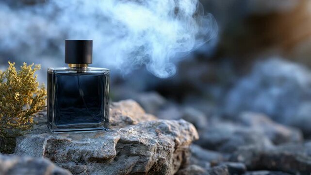 449Minimalist close-up of masculine perfume bottle on rough stone, subtle smoke or mist rising around bottle, dark gradient background, dramatic soft lighting accentuating textures, h