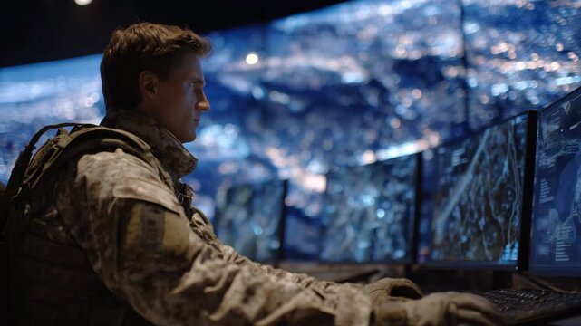 Cinematic view of soldier in high-tech command center, multiple tactical displays and digital maps around him, holographic interfaces projecting data, dramatic shadows and light em
