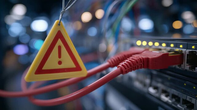 Close-up macro shot of a red network cable plugged into a router, a yellow warning sign hanging from the connector, glowing status LEDs show error signals, blurred background of ta