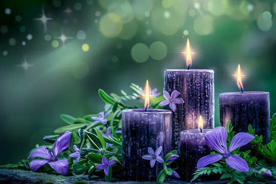 candles and flowers, Ostara celebration, early spring forest, candles, flowers emerging from shadows, soft moody light