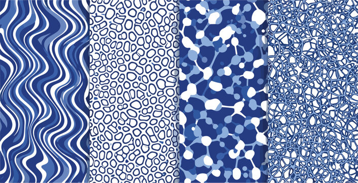 Vector illustration of four abstract blue-toned patterns featuring organic shapes, geometric textures, and fluid visual compositions