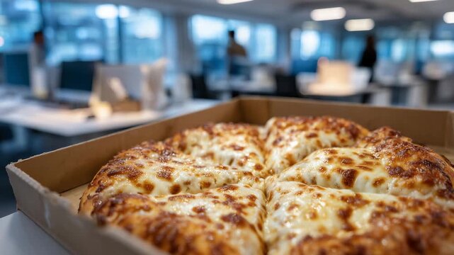 Close-up of a hot pizza in an open cardboard box on an office desk, melted cheese and toppings glistening, office supplies slightly blurred in background, casual pizza delivery sce