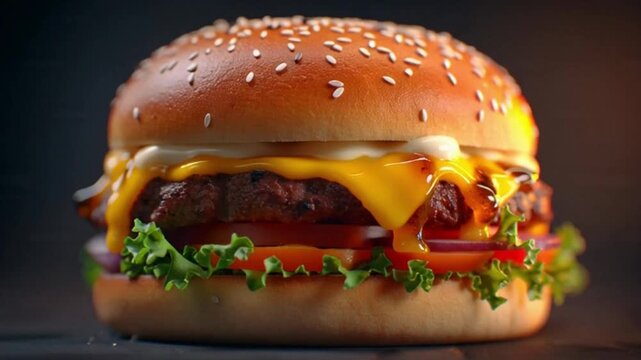 360&deg; Schwenk &uuml;ber Burger mit geschmolzenem K&auml;se