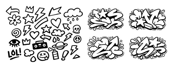 Collection of black and white graffiti doodles and urban street art elements, including stars, arrows, hearts, and spray cans in a hand-drawn style.