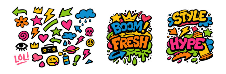 A vibrant collection of urban graffiti doodle elements and street art text compositions featuring words like boom, fresh, style, and hype. © liubomir118809