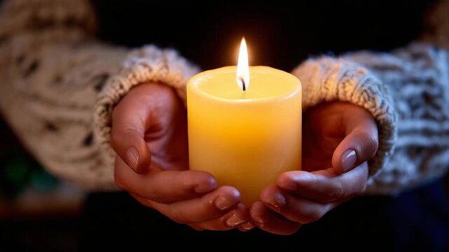 Close-up of a pair of hands gently holding a lit yellow candle, soft warm glow illuminating fingertips, dark background fades into deep shadows, serene and intimate atmosphere, cin