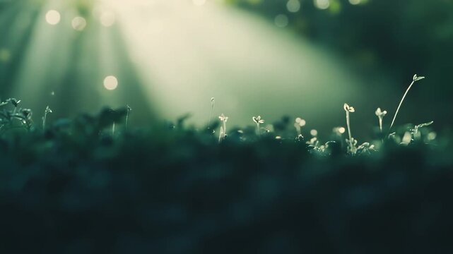 Sun rays beaming through a misty forest canopy, illuminating dewy fresh green grass and tiny plants, creating a serene and natural background expressing new beginnings and hope