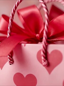 Pink gift bag with red hearts and ribbon. Close up view of festive packaging for Valentines day, birthday or anniversary.