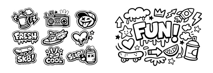 Urban graffiti sticker set and street art doodles in black and white line art style featuring skate and hip hop culture elements. © liubomir118809