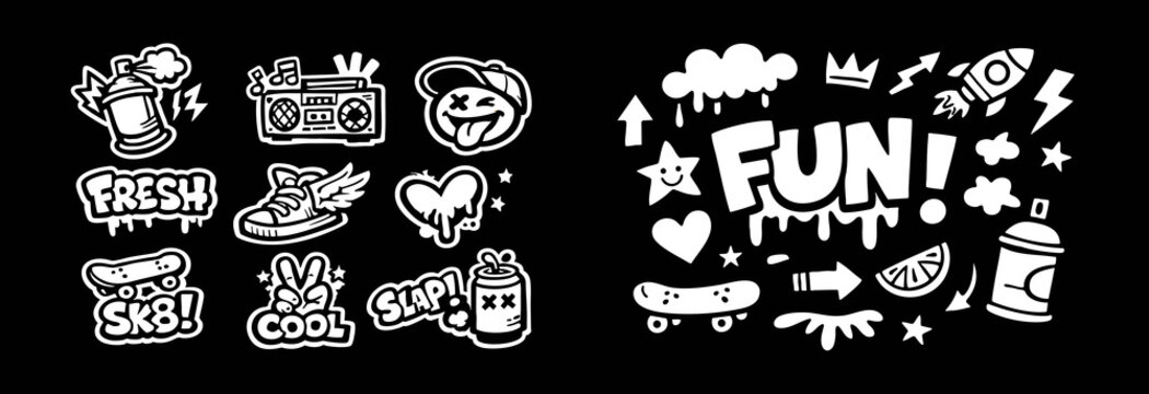 Black and white graffiti sticker set and urban doodles with spray cans, skateboards, and cool street art icons.