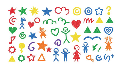 A Spectrum of Playful Shapes: A vibrant collage of hand-drawn shapes and symbols, bursting with color and creativity, invites exploration and imaginative expression. 