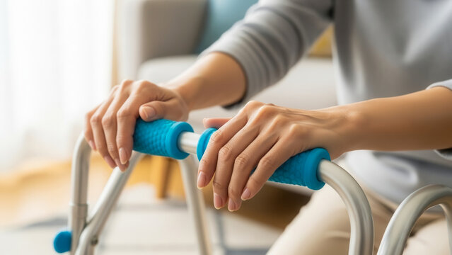 Adult Asian hands resting on walking frame in living room, mobility aid and elderly care concept