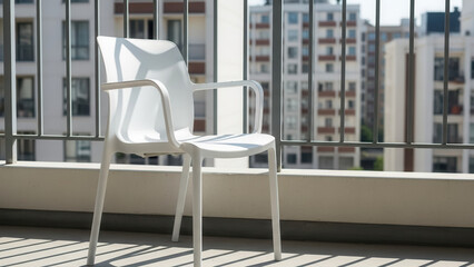 Plastic chair on apartment balcony with urban view, outdoor relaxation and home furniture concept